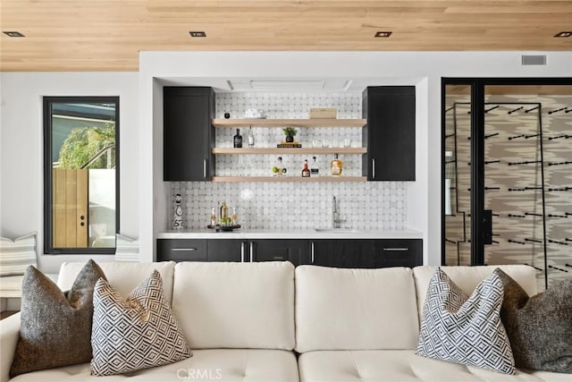 20 Balboa Cvs, Newport Beach, CA 92663 - indoor wet bar featuring tasteful backsplash and wood ceiling