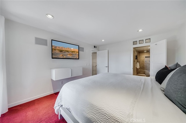 carpeted bedroom featuring ensuite bath, visible vents, recessed lighting, and baseboards