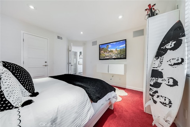 carpeted bedroom with recessed lighting, visible vents, and baseboards