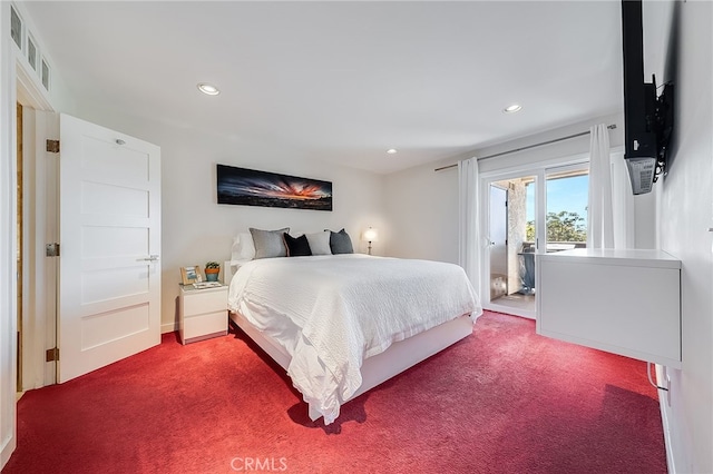 carpeted bedroom featuring visible vents, recessed lighting, and access to outside