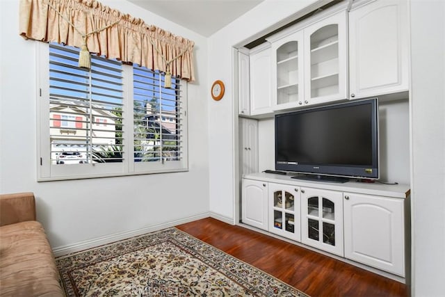 interior space with baseboards and dark wood-style flooring