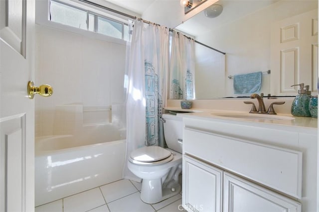 full bath featuring vanity, tile patterned floors, shower / tub combo, and toilet