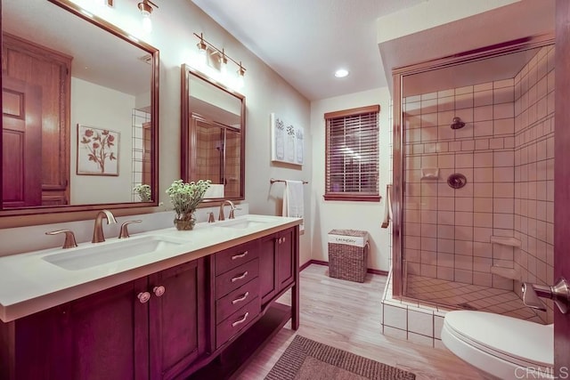 bathroom with double vanity, a stall shower, wood finished floors, and a sink