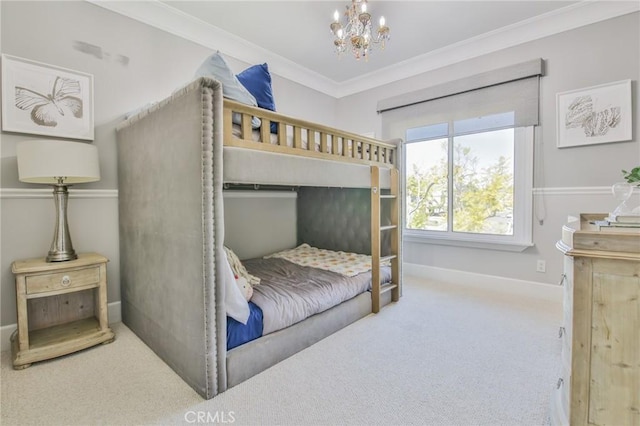 bedroom featuring a notable chandelier, crown molding, baseboards, and carpet floors