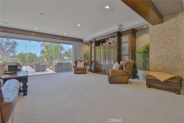 interior space featuring recessed lighting, beam ceiling, and carpet