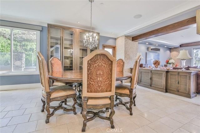 dining space featuring beamed ceiling, recessed lighting, baseboards, and an inviting chandelier