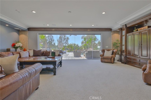 living room with recessed lighting and light carpet