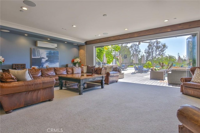 living area with recessed lighting, a wall mounted AC, and carpet floors