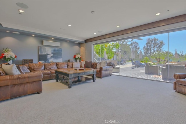 carpeted living area with a wall mounted air conditioner and recessed lighting