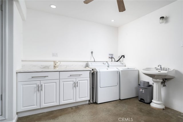 laundry area featuring a ceiling fan, recessed lighting, cabinet space, and washer and clothes dryer