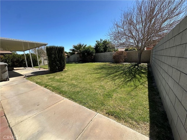 view of yard with a patio area and a fenced backyard