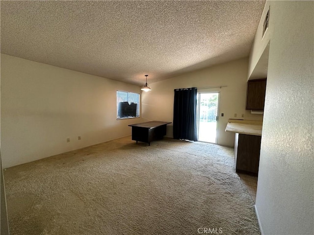 interior space with lofted ceiling, carpet, and a textured ceiling