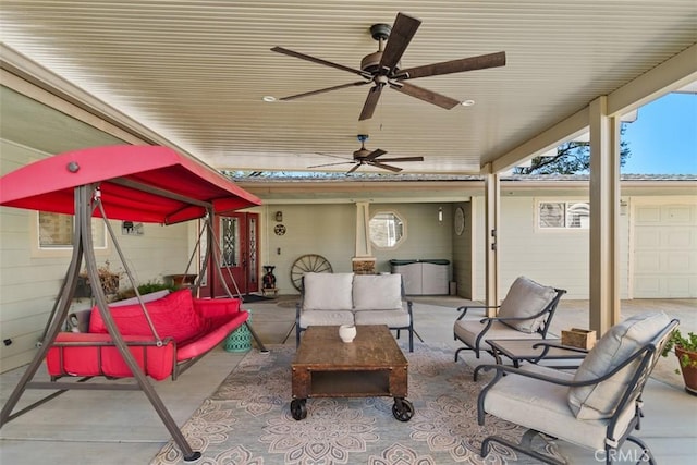 view of patio featuring ceiling fan and an outdoor hangout area