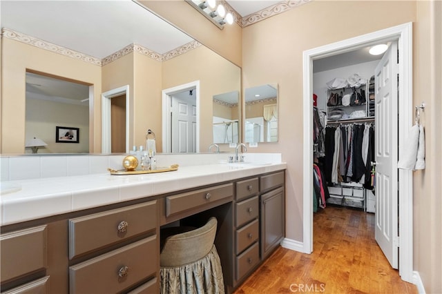 bathroom featuring double vanity, wood finished floors, a spacious closet, and a sink