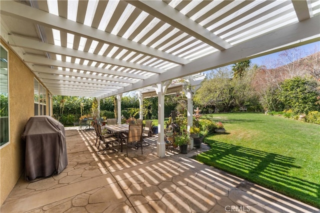 view of patio with outdoor dining space, a grill, and a pergola