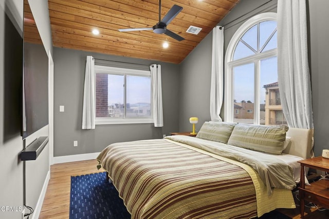 bedroom with wooden ceiling, multiple windows, baseboards, and visible vents