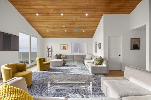 living area featuring wooden ceiling, wood finished floors, recessed lighting, and high vaulted ceiling