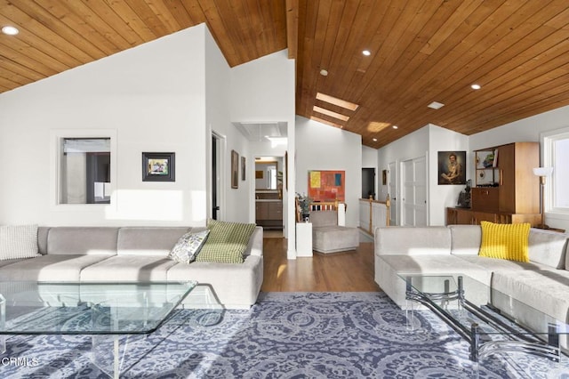 living area with wooden ceiling, recessed lighting, wood finished floors, and high vaulted ceiling