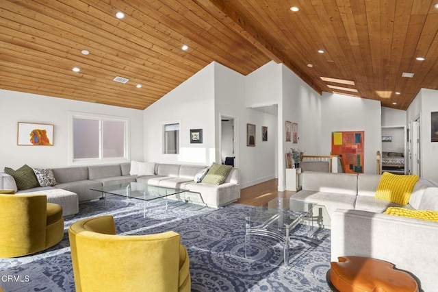 living room featuring visible vents, recessed lighting, wooden ceiling, and high vaulted ceiling