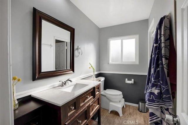 bathroom with baseboards, toilet, wood finished floors, and vanity