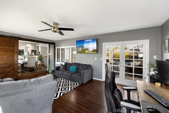 living room with ceiling fan, french doors, baseboards, and wood finished floors