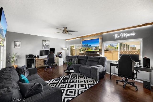 living area featuring ceiling fan and wood finished floors