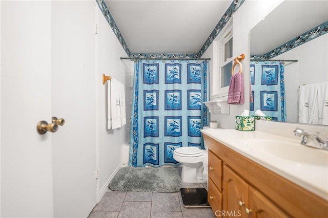 bathroom with tile patterned flooring, shower / bath combo with shower curtain, toilet, and vanity