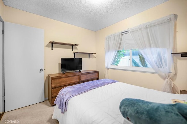 carpeted bedroom with a textured ceiling