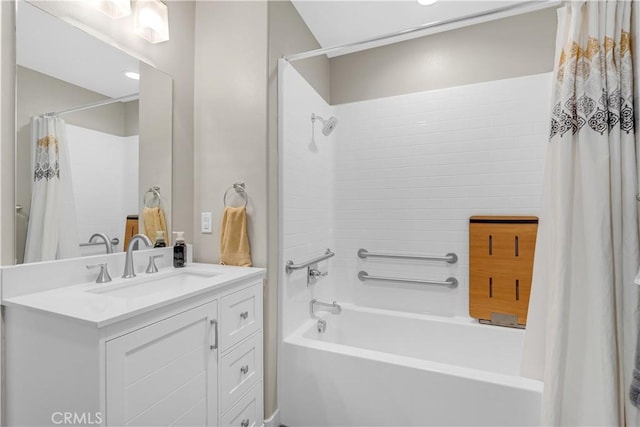 bathroom with vanity and shower / bath combination with curtain