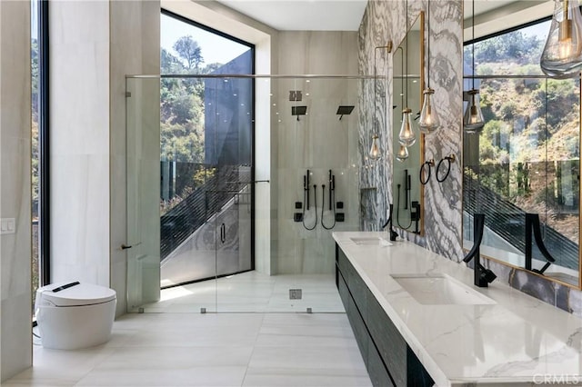 bathroom with double vanity, toilet, a wealth of natural light, and a sink