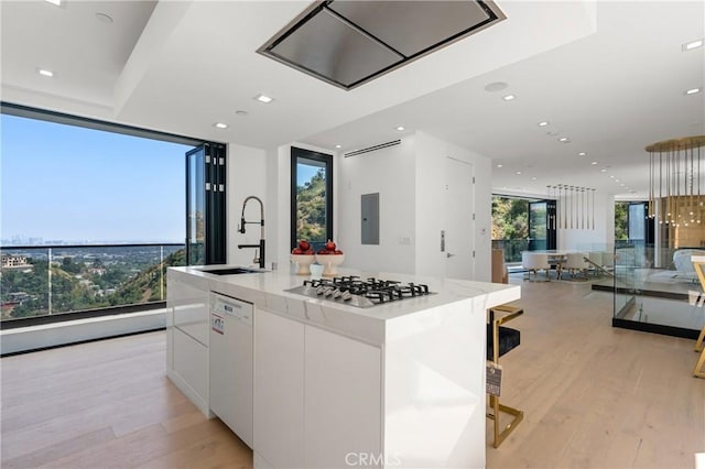 kitchen featuring stainless steel gas cooktop, floor to ceiling windows, dishwasher, modern cabinets, and a sink