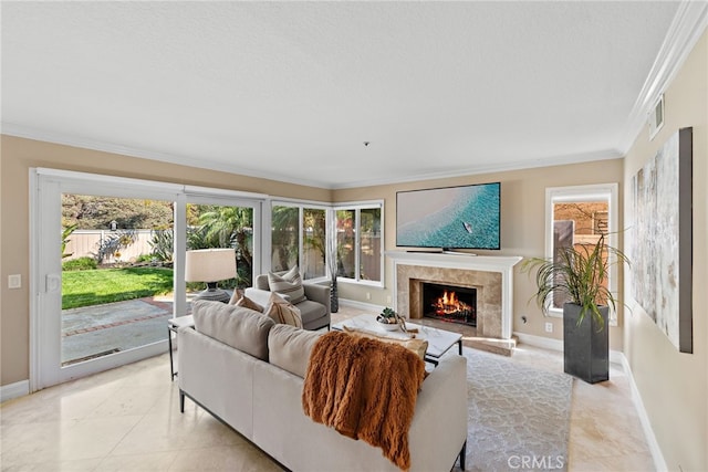 2170 Via Teca Unit 63, San Clemente, CA 92673 - living room with light tile patterned floors, ornamental molding, baseboards, and healthy amount of natural light