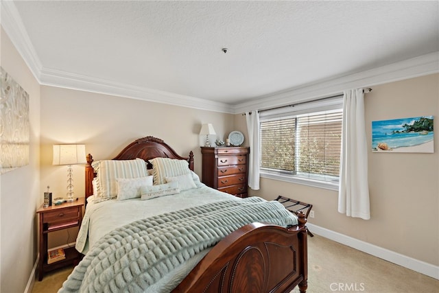 bedroom with light carpet, a textured ceiling, crown molding, and baseboards