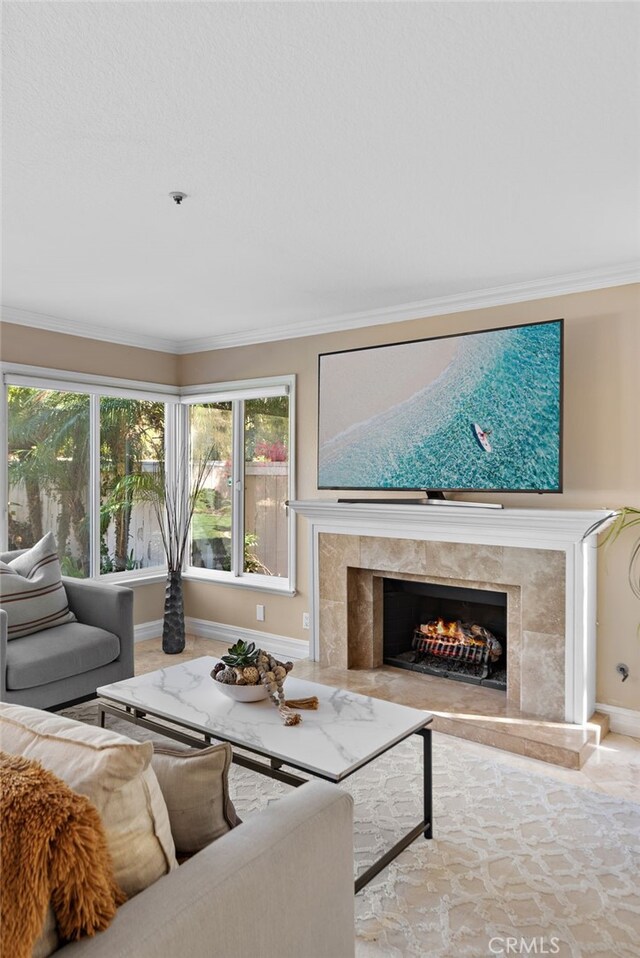 living area with baseboards, ornamental molding, and a fireplace