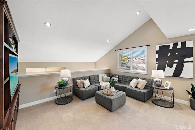 living room with lofted ceiling, carpet flooring, recessed lighting, and baseboards