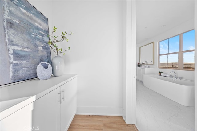 details featuring a freestanding bath, baseboards, and wood finished floors