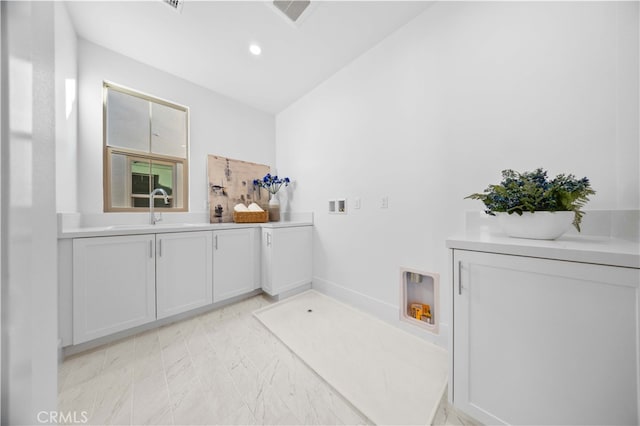 bathroom with visible vents, recessed lighting, and vanity