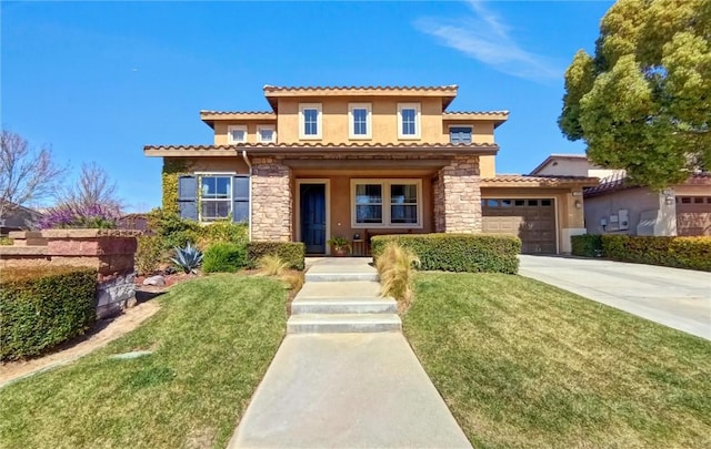 mediterranean / spanish-style house featuring stucco siding, driveway, stone siding, an attached garage, and a tiled roof