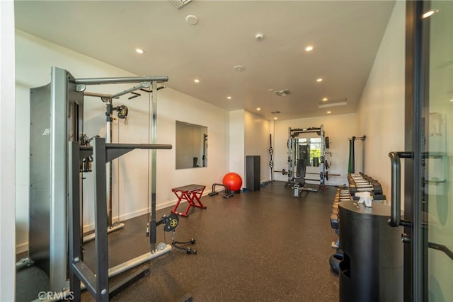 gym with recessed lighting, visible vents, and baseboards