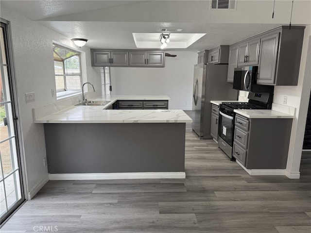 kitchen with gray cabinets, a sink, a tray ceiling, appliances with stainless steel finishes, and a peninsula