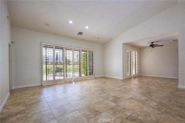 empty room with visible vents, recessed lighting, a ceiling fan, and baseboards