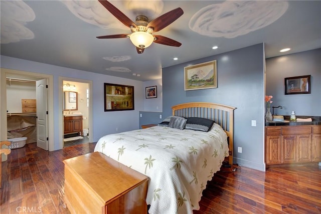 bedroom featuring recessed lighting, baseboards, ceiling fan, and dark wood-style flooring