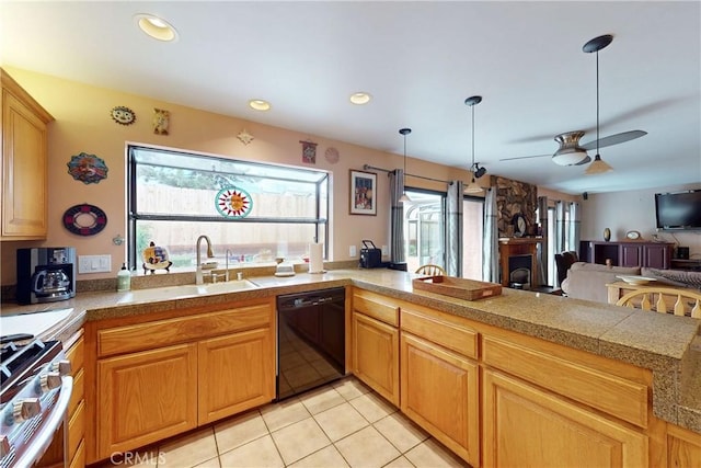 kitchen with a sink, tile countertops, gas stove, a peninsula, and dishwasher