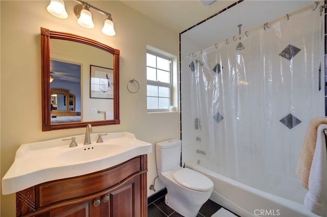 full bath featuring shower / bath combination with curtain, toilet, and vanity