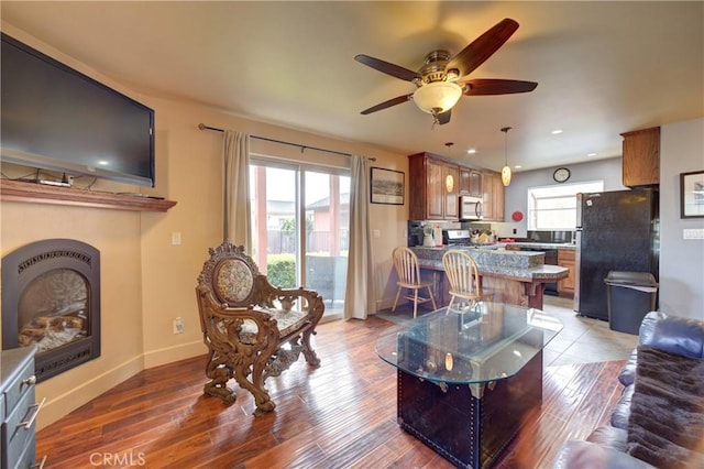 living area with a fireplace, a healthy amount of sunlight, wood finished floors, and a ceiling fan