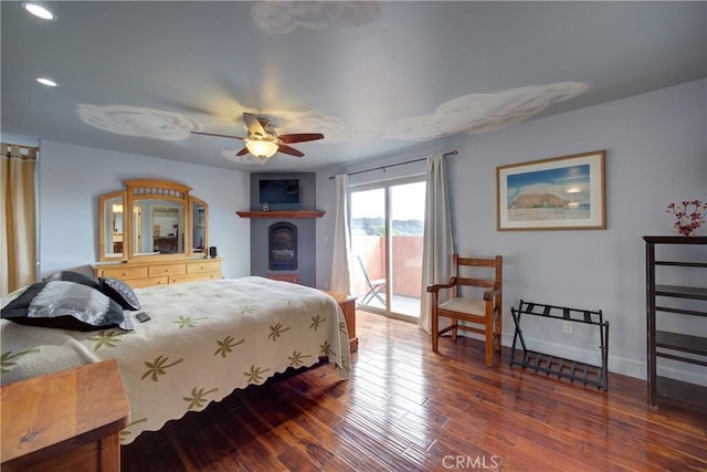 bedroom featuring wood finished floors, baseboards, recessed lighting, ceiling fan, and access to outside