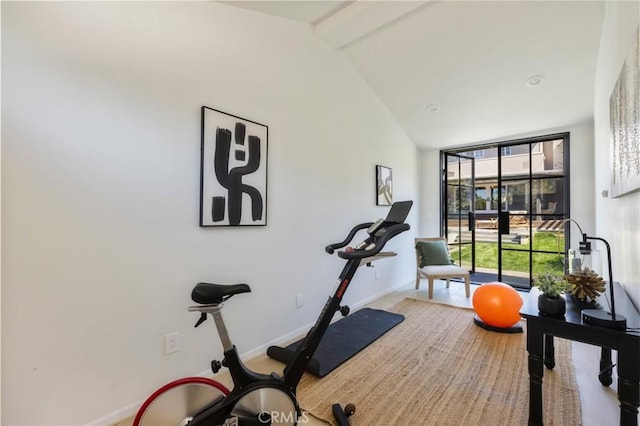 exercise room featuring a wall of windows, baseboards, and lofted ceiling