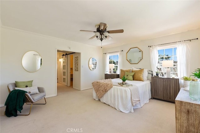 bedroom with light colored carpet, a ceiling fan, radiator heating unit, and baseboards