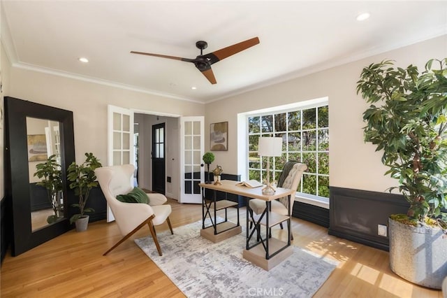 office space with recessed lighting, light wood-type flooring, crown molding, and ceiling fan