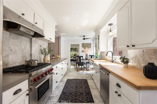 kitchen featuring under cabinet range hood, backsplash, appliances with stainless steel finishes, and a sink